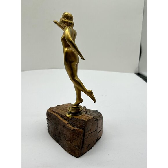 Brass Bronze Cast Metal Art Deco 8" Nude Statue Figurine Lady on Wood Base Vtg - Picture 8 of 15